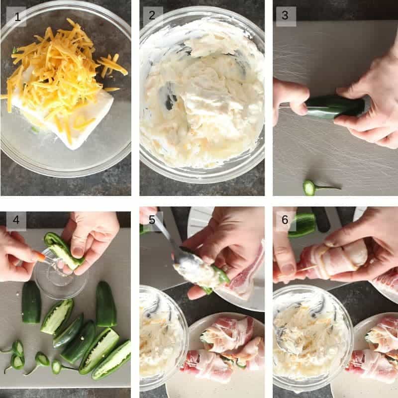Six Image collage showing how to mix cream cheese cutting jalapeno stuffing it and wrapping in bacon