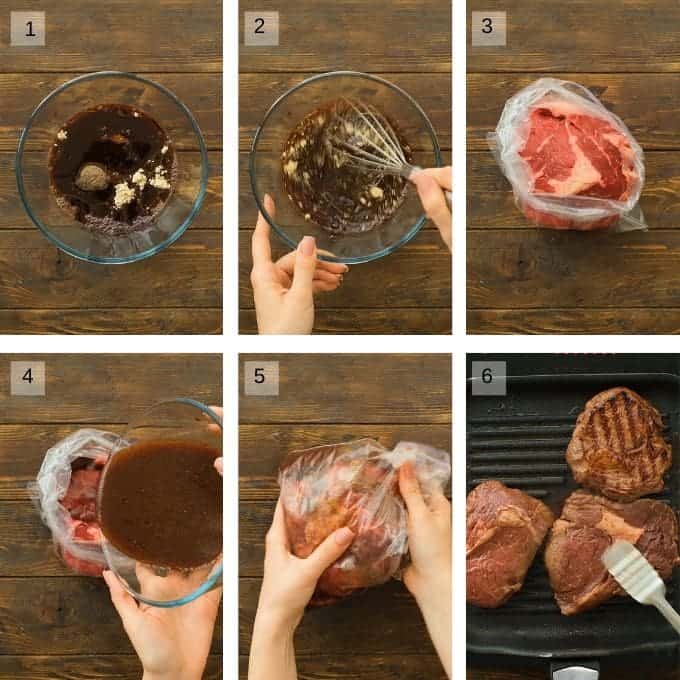 Collage of 6 image showing mixing of red steak marinade and pouring it into ziplock bag with steak to marinade, then grilling steak on grill pan.