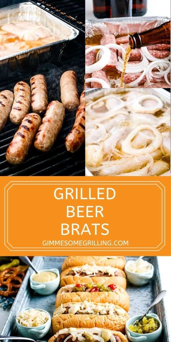 Grilled Beer Brats are a delicious summer dinner recipe perfect for serving at summer parties. Simply simmer your brats in beer and onions then finishing them on the grill. Serve with buns and your favorite toppings. Make these for dinner or a BBQ and invite your friends over! #beer #brats via @gimmesomegrilling