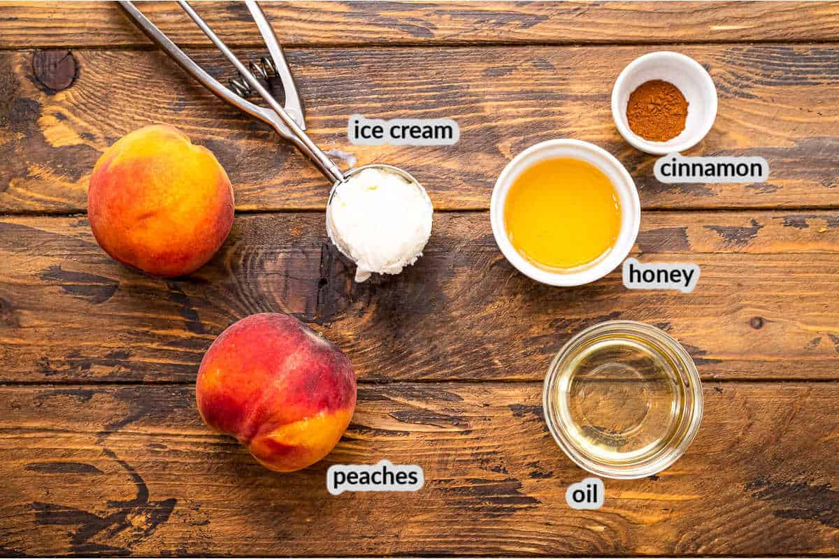 Grilled Peaches Ingredients on wooden background in bowls
