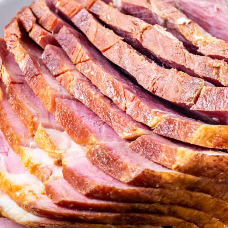Sliced Cider Glazed Ham in baking dish