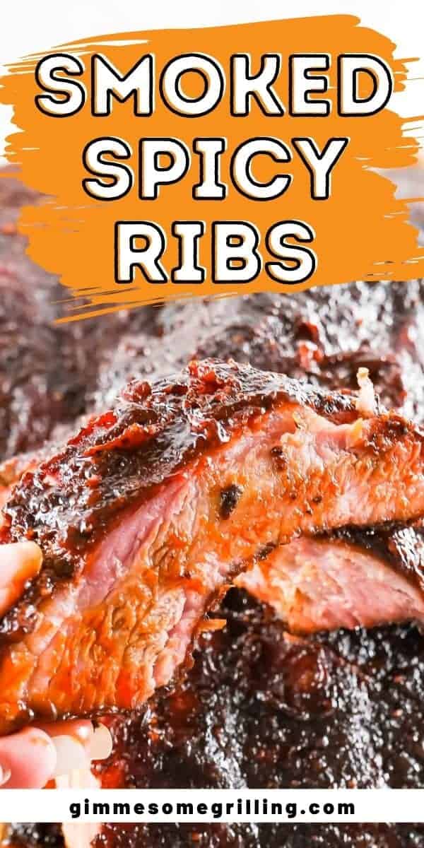 Spicy Smoked Ribs made on your Traeger using the 3 2 1 method for fall off the bone tender ribs. They start with a spicy rub and topped with a spicy BBQ sauce for a fun twist on smoked ribs. via @gimmesomegrilling