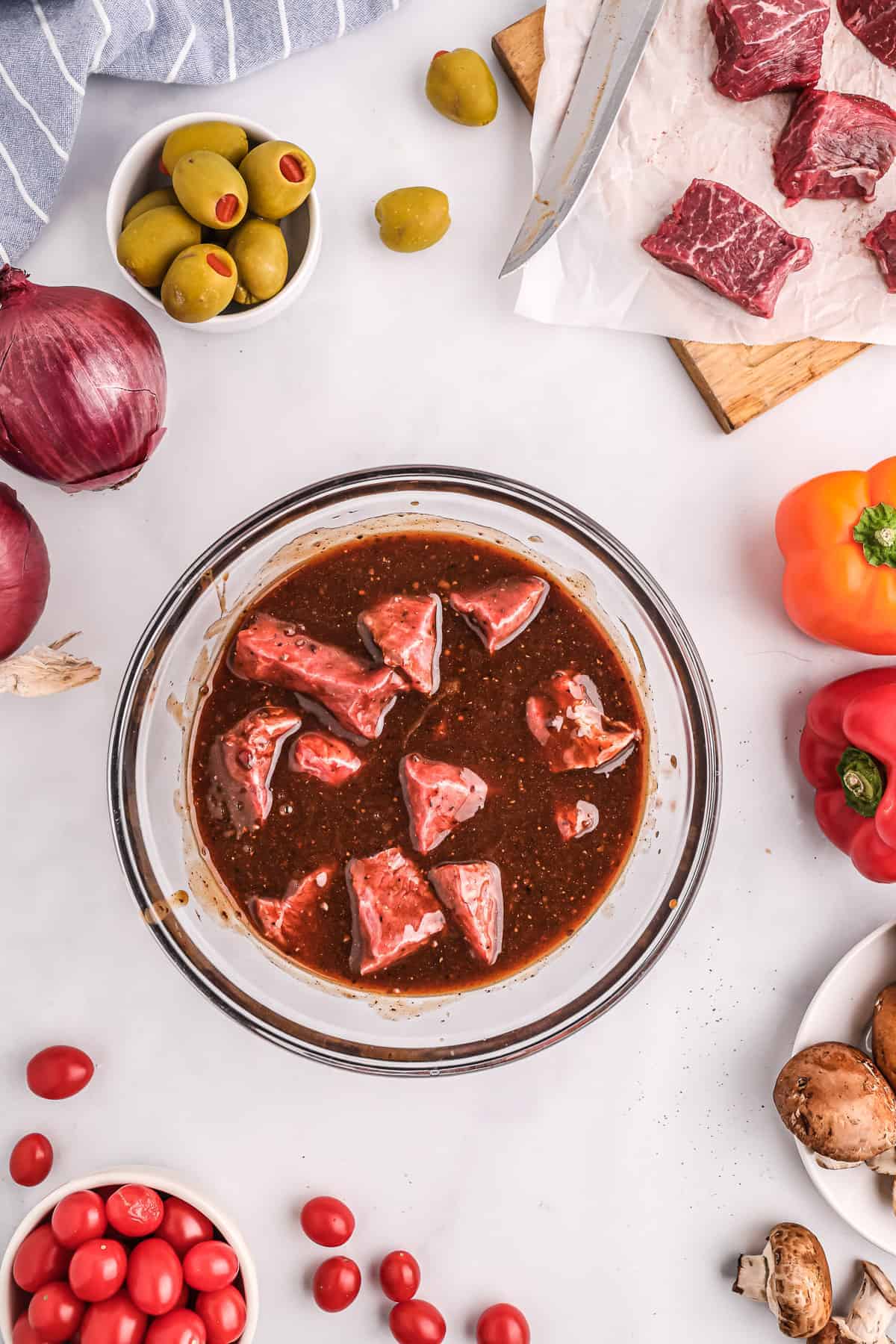 Marinated Steak for Kabobs in a bowl