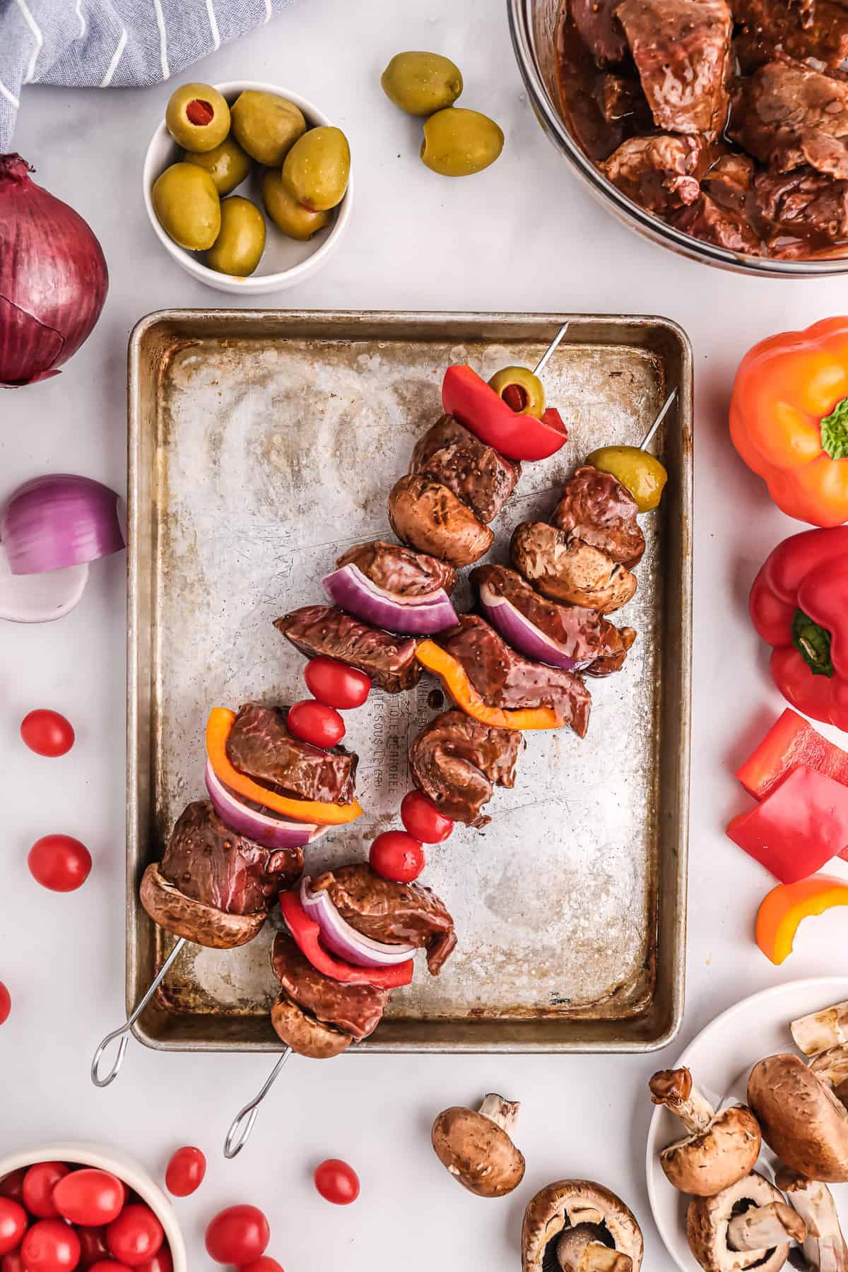 Steak Kabobs on baking sheet before smoking
