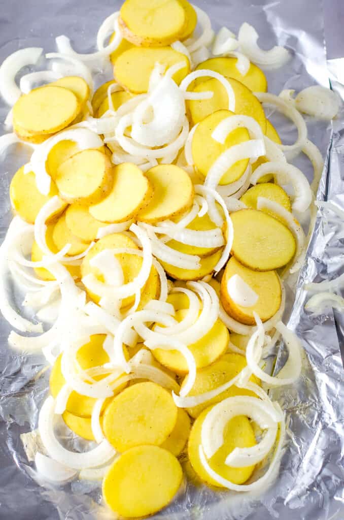 Foil Packet with potatoes and onions before grilling