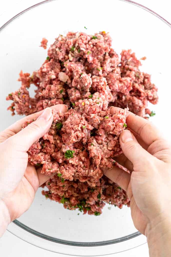 Hands combining ground beef mixture for patties