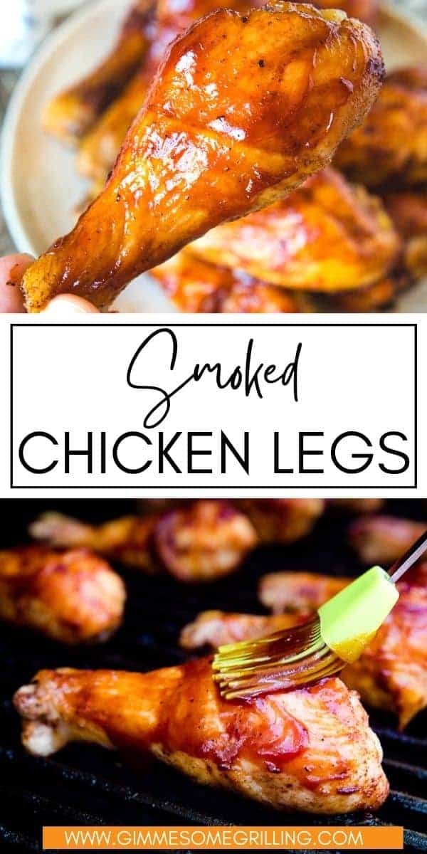 Finger lickin' good Smoked Chicken Legs that are so juicy and tender! They start with a homemade BBQ rub, are smoked and slathered with BBQ sauce for that sticky sweet finish. They are so delicious for an easy dinner on the smoker. You won't be able to stop with one of these! via @gimmesomegrilling