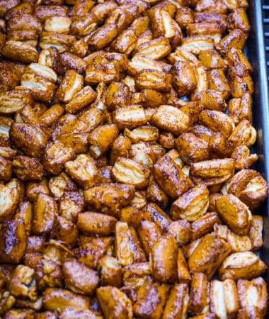 Overhead image of pan with sourdough pretzels