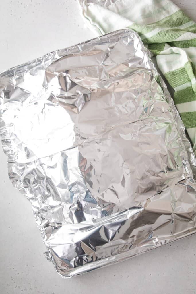 Overhead image of pan covered with foil