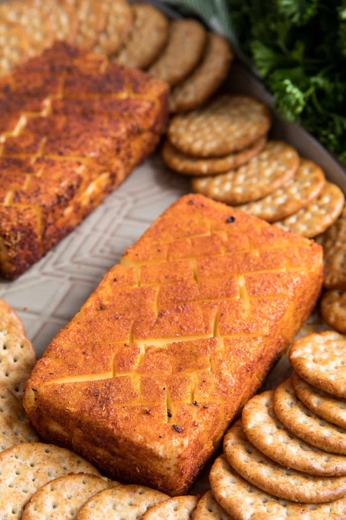 Easy Smoked Cream cheese with crackers on platter