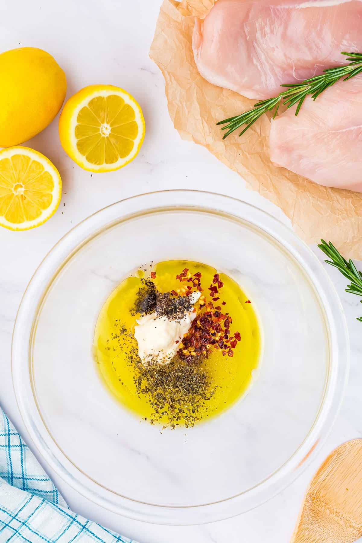 Lemon marinade ingredients in bowl