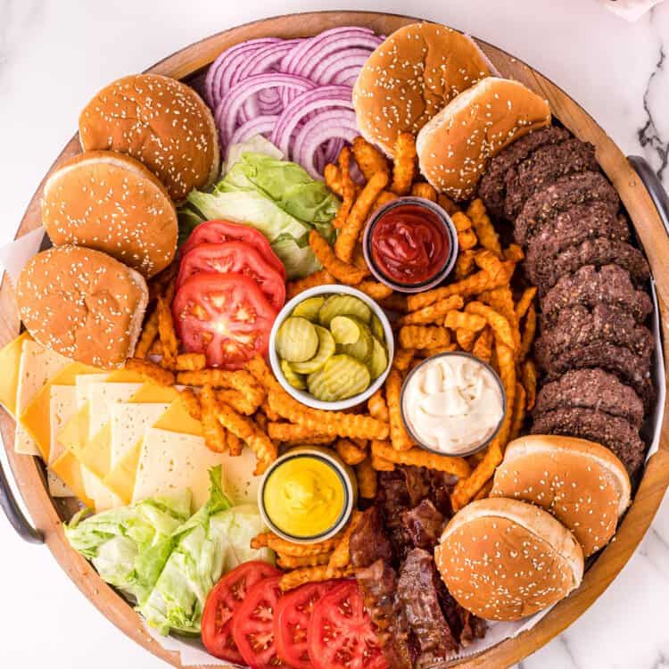 Overhead image of a hamburger board with toppings