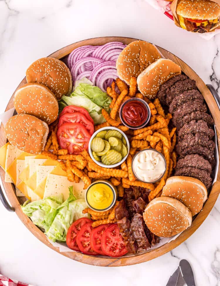 Overhead image of a hamburger board with toppings