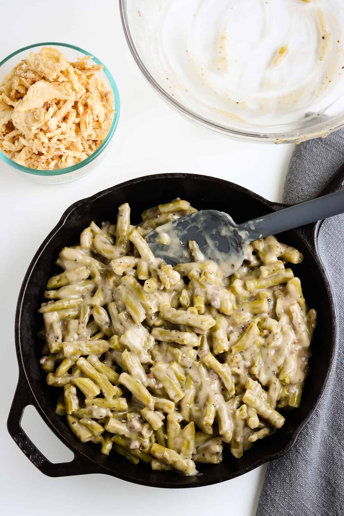 Cast iron skillet with green bean casserole