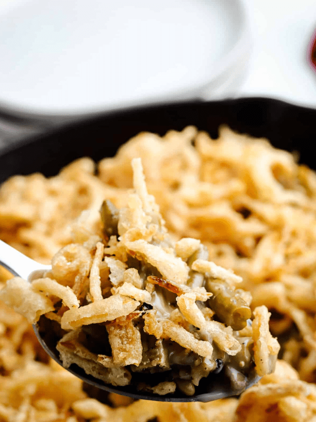 Smoked Green Bean Casserole in a skillet