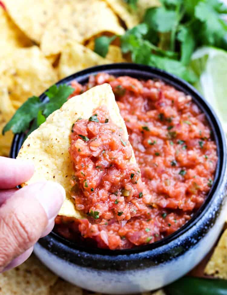 Smoked Salsa Recipe in Bowl with Tortilla Dipping Chip