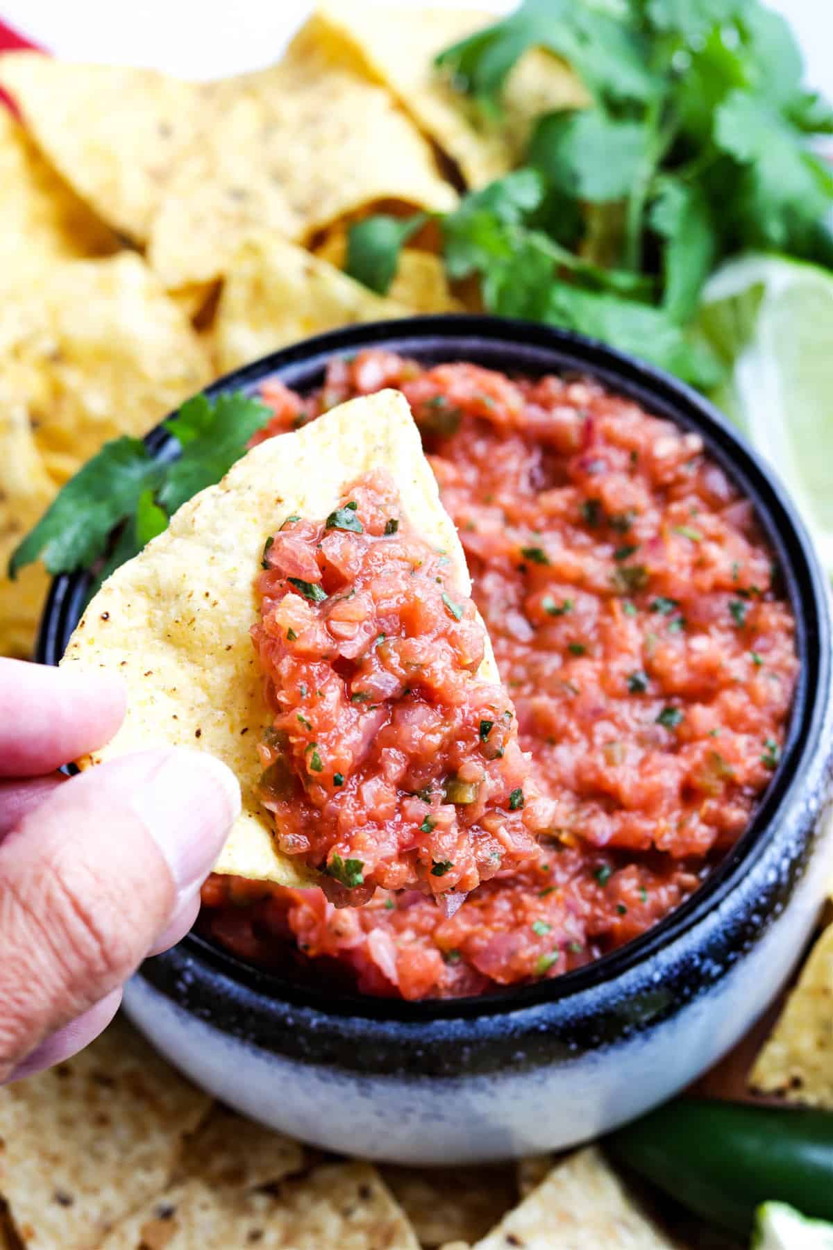 Smoked Salsa Recipe in Bowl with Tortilla Dipping Chip
