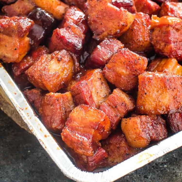 smoked pork belly burnt ends square cropped image