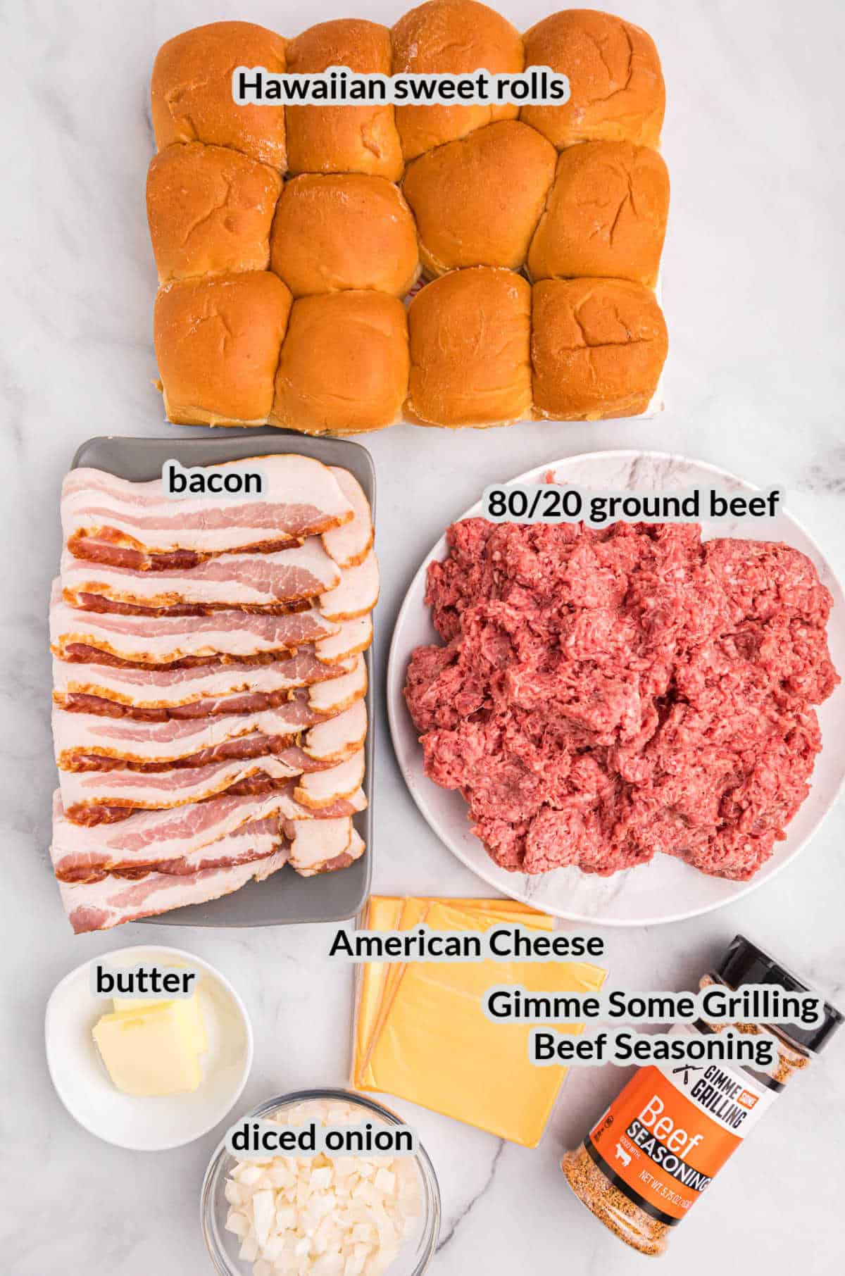 Overhead Image of Blackstone Bacon  Cheeseburger Sliders Ingredients