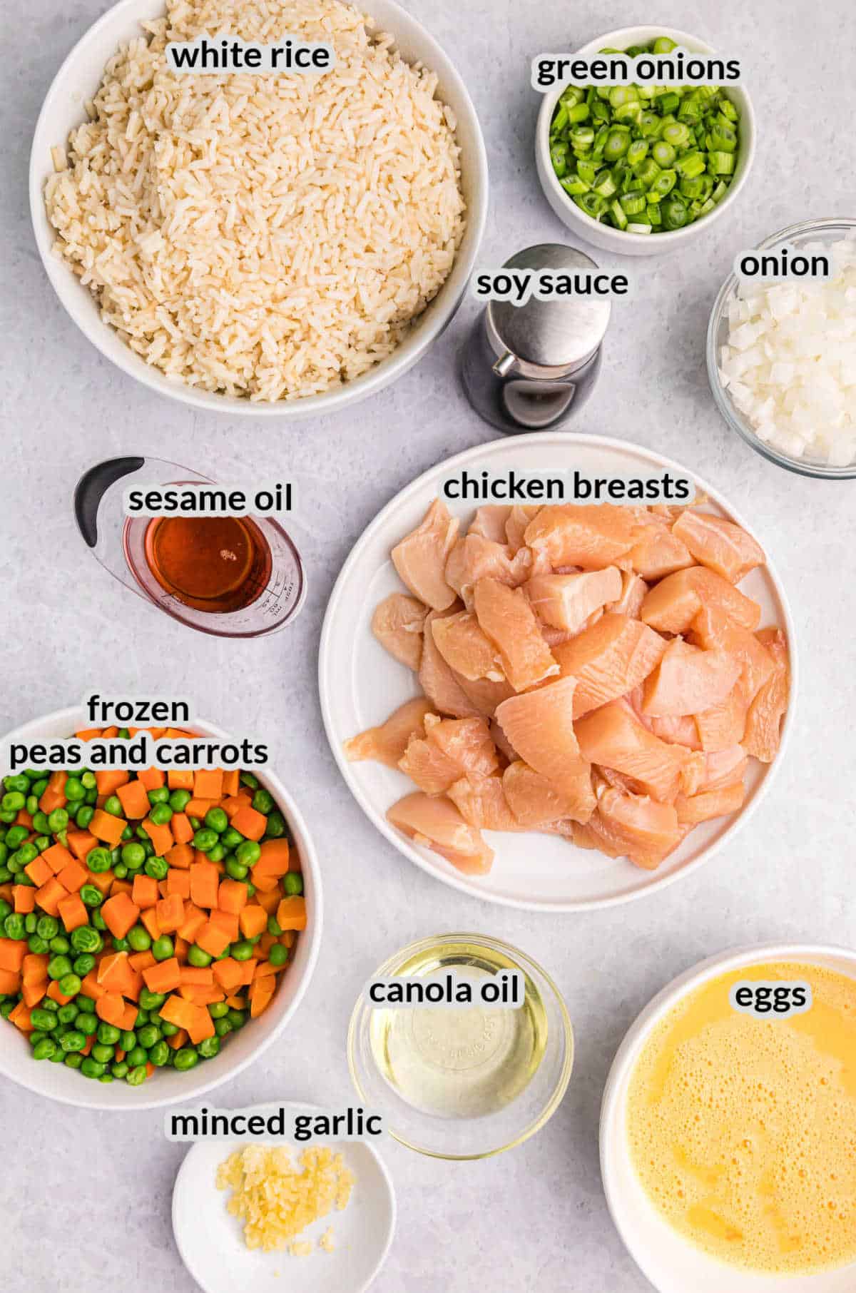 Overhead Image of Blackstone Chicken Fried Rice Ingredients
