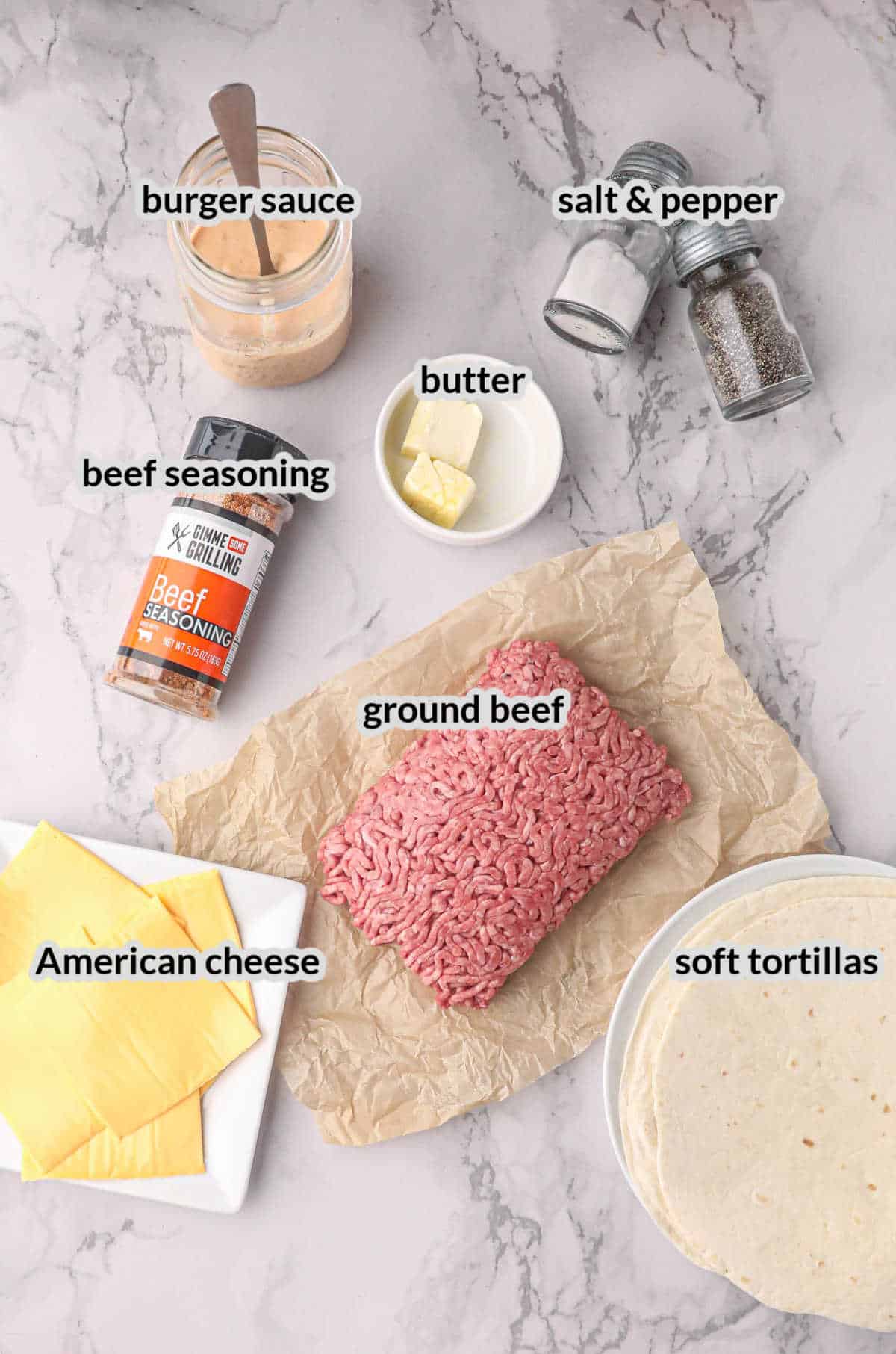 Overhead Image of Blackstone Smash Burger Tacos Ingredients