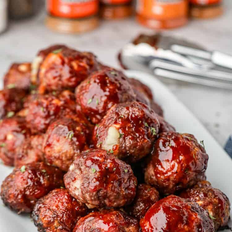 Smoked Cheese Stuffed Meatballs on serving platter