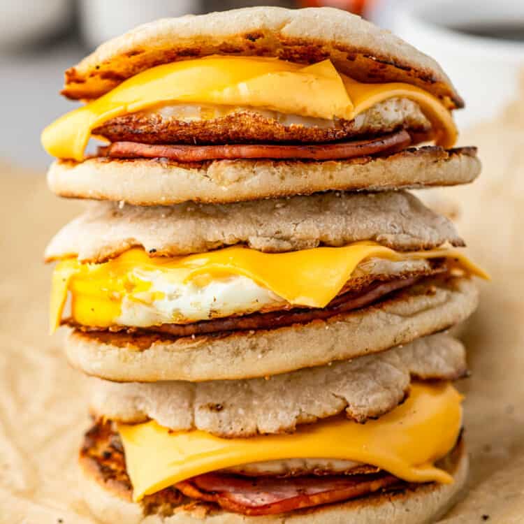 Blackstone Breakfast Sandwiches stacked on serving tray