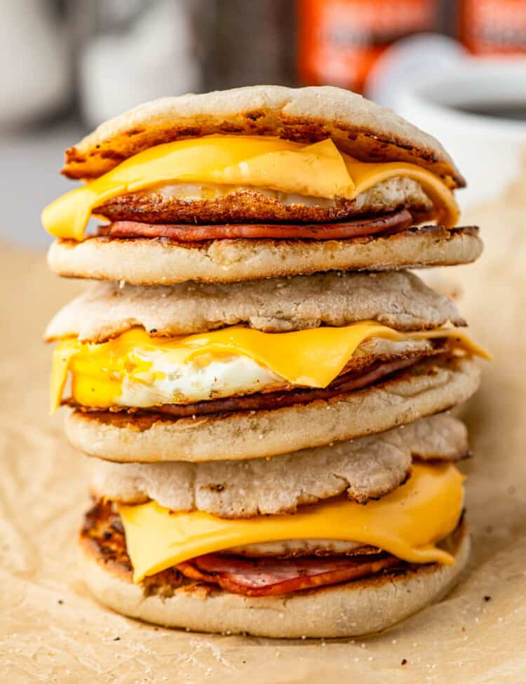 Blackstone Breakfast Sandwiches stacked on serving tray