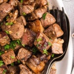 Blackstone Steak Bites in Serving Bowl with utinsils