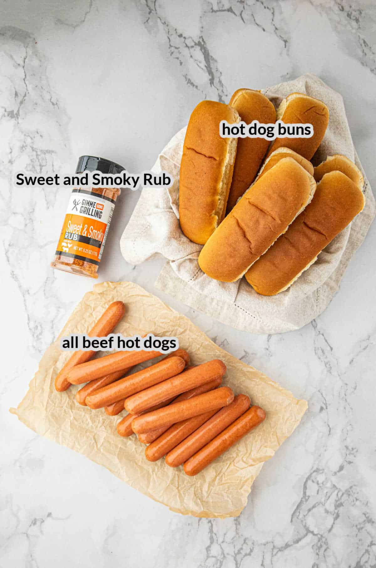 Overhead Image of Smoked Hot Dogs Ingredients