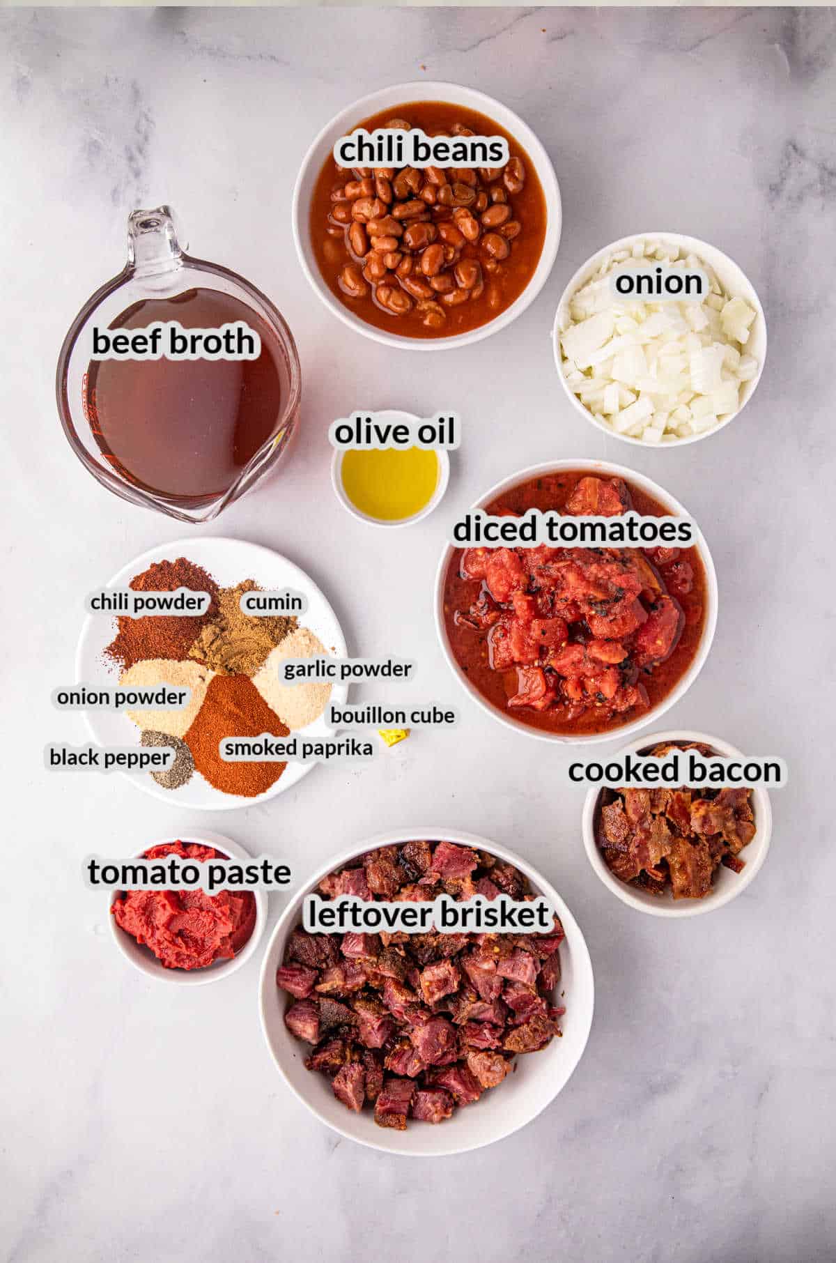 Overhead Image of Smoked Brisket Chili Ingredients