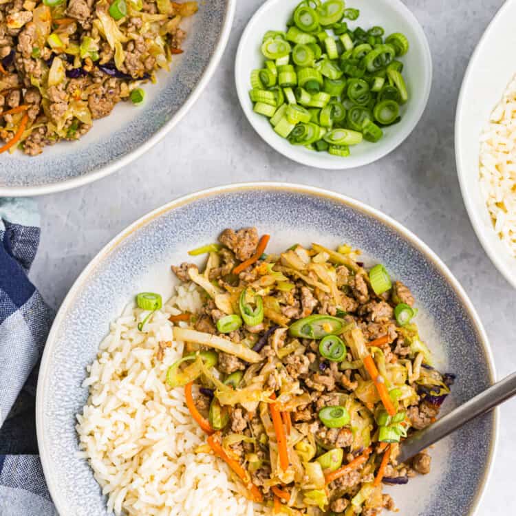 Unstuffed Egg Roll in bowl over rice