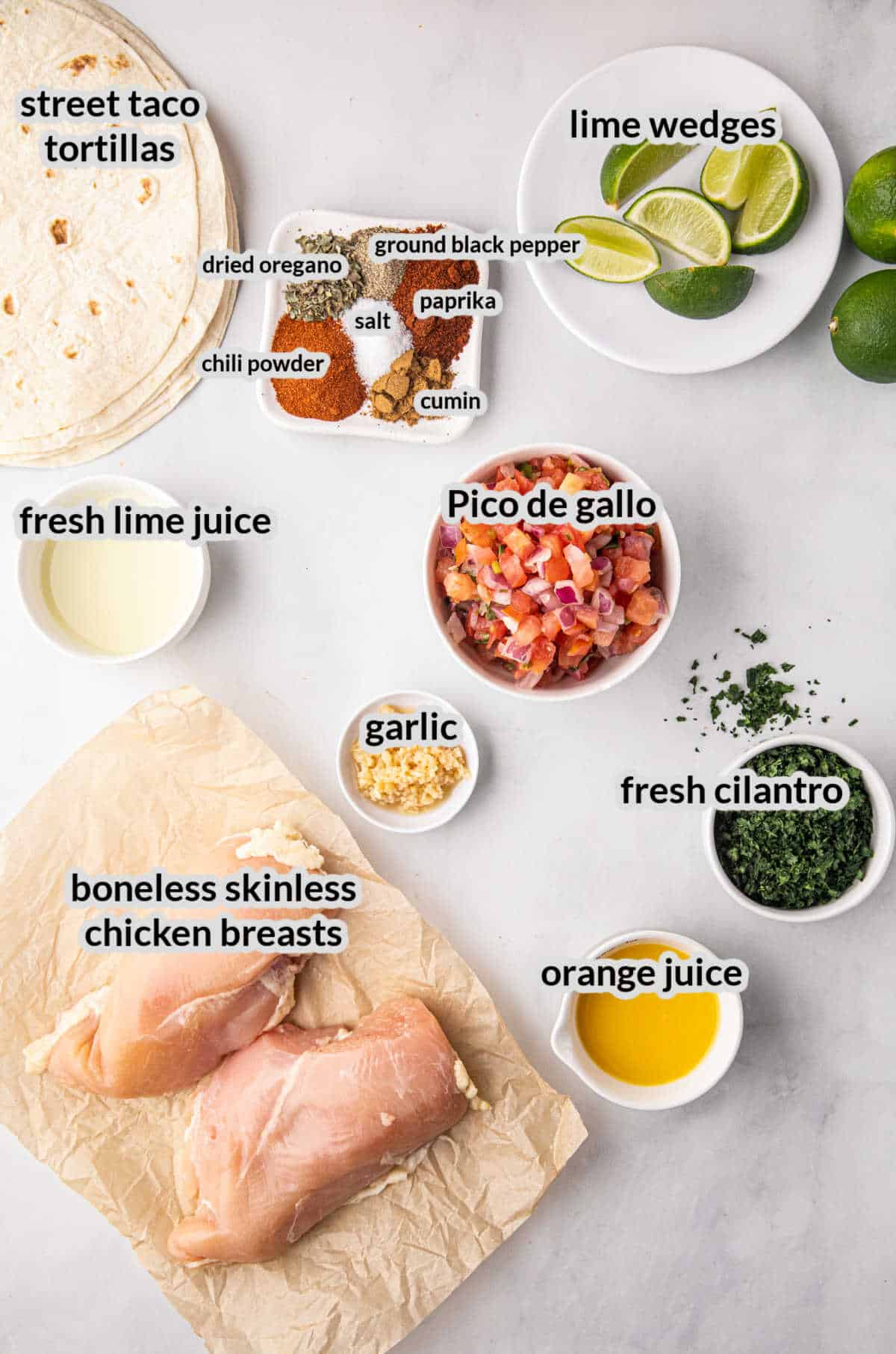 Overhead Image of Chicken Street Tacos Ingredients