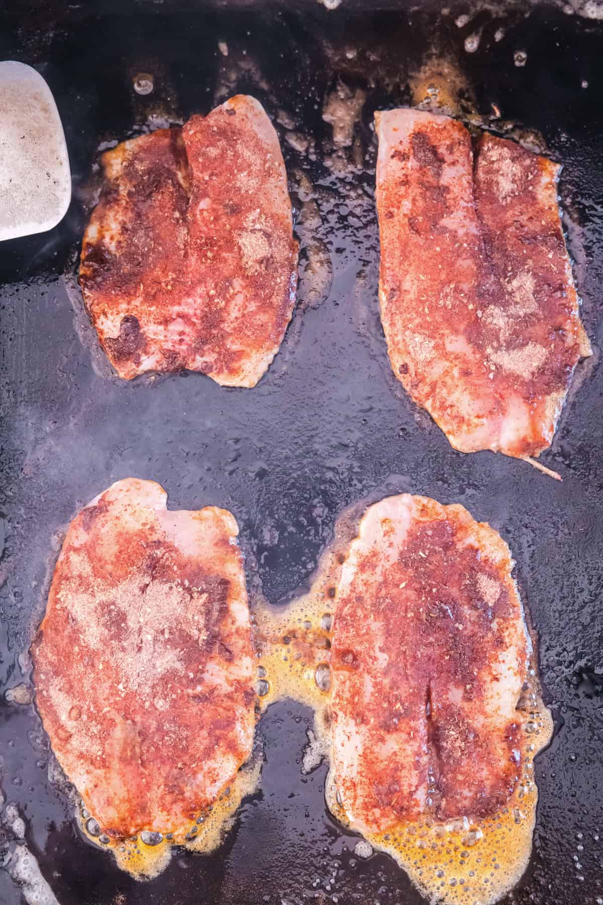Seasoned and buttered fish fillets on Blackstone griddle for Blackened Fish recipe