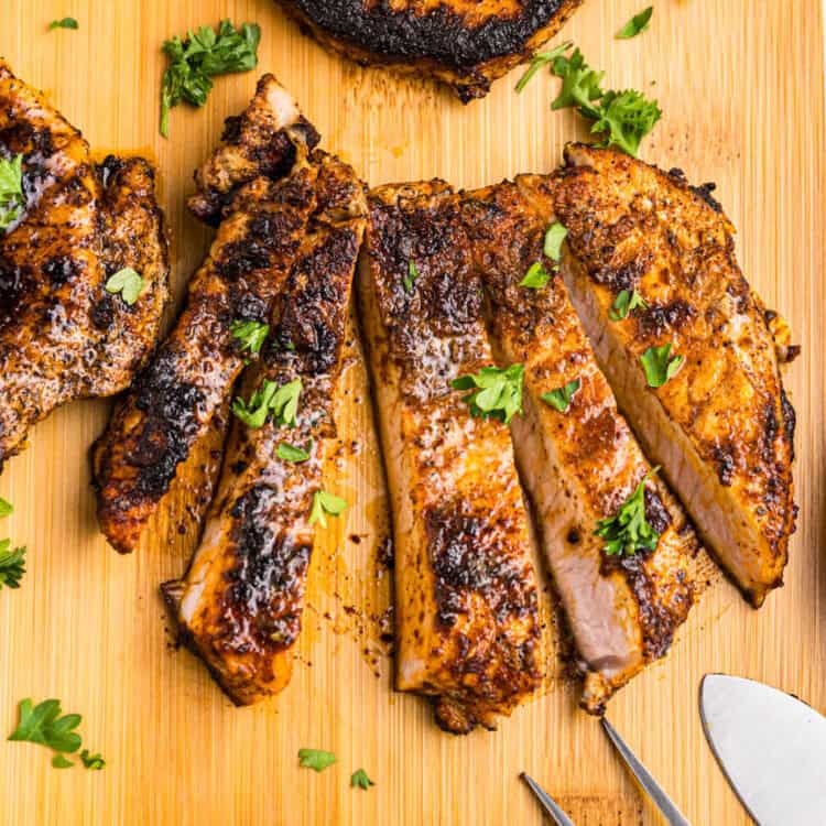 Close up square image of Blackstone Blackened Pork Chop