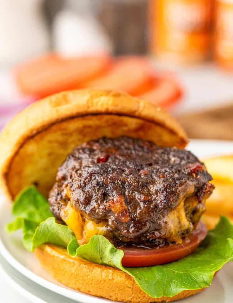Stuffed Bacon Cheeseburger on toasted slice bun on plate