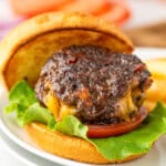 Closeup square image of Bacon Stuffed Cheeseburgers