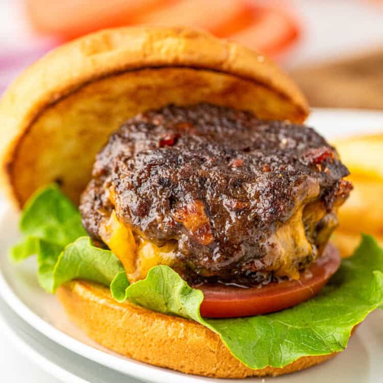 Closeup square image of Bacon Stuffed Cheeseburgers