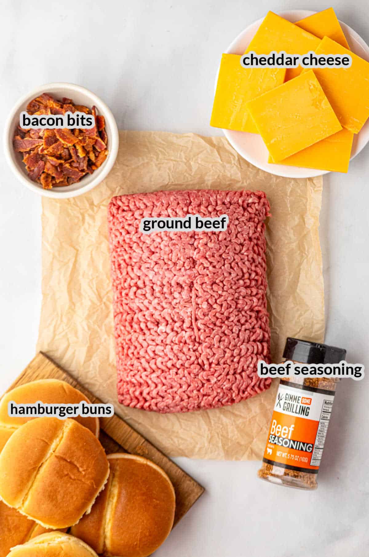 Overhead Image of Stuffed Bacon Cheeseburgers Ingredients