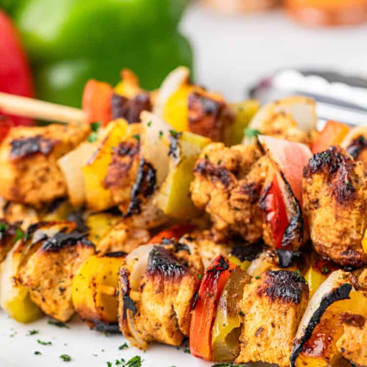 Chicken Fajita Kabobs arranged on serving plate