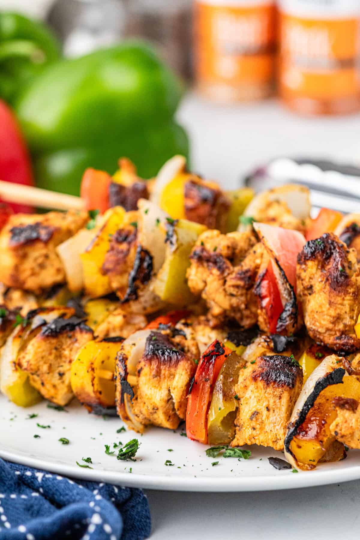 Chicken Fajita Kabobs arranged on serving plate