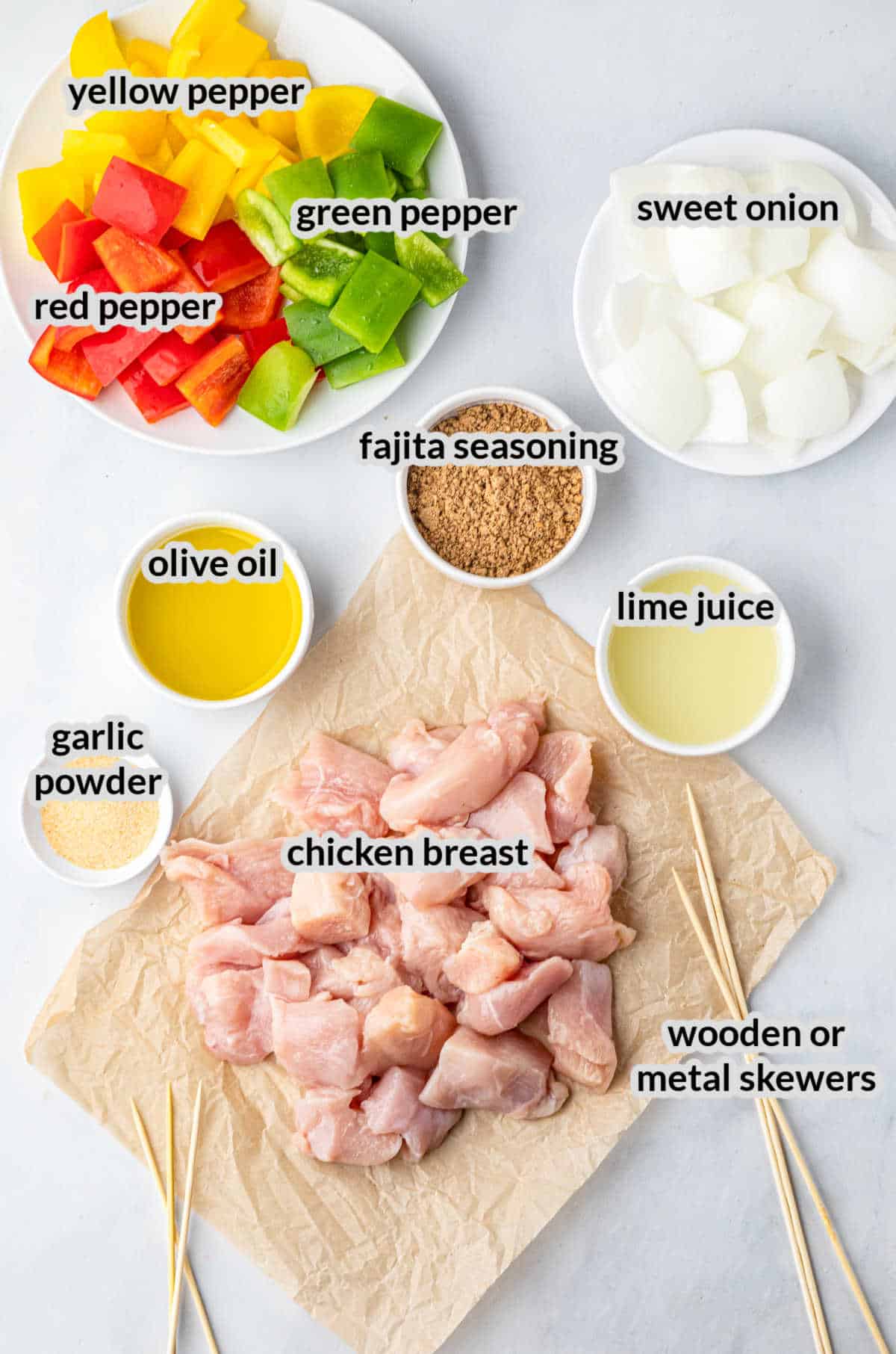 Overhead Image of Chicken Fajita Kabobs Ingredients