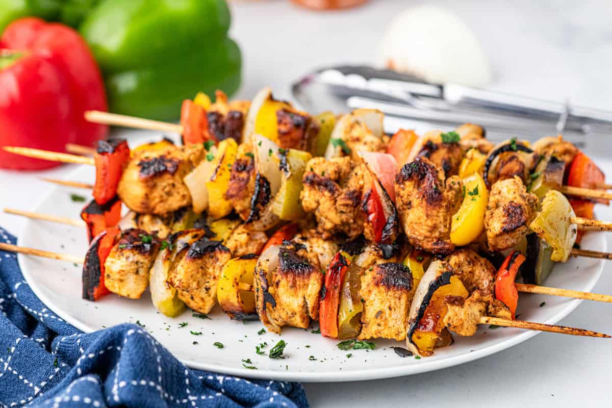 Chicken Fajita Kabobs arranged on serving plate