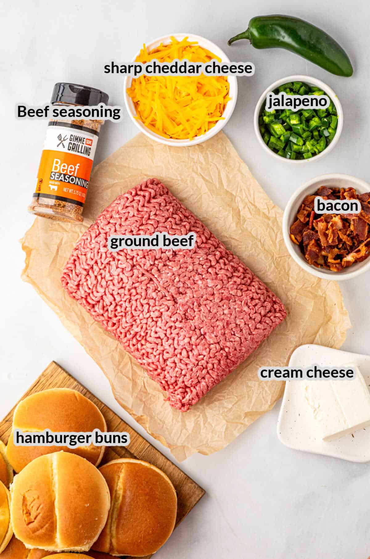 Overhead Image of Jalapeno Popper Stuffed Burger Ingredients