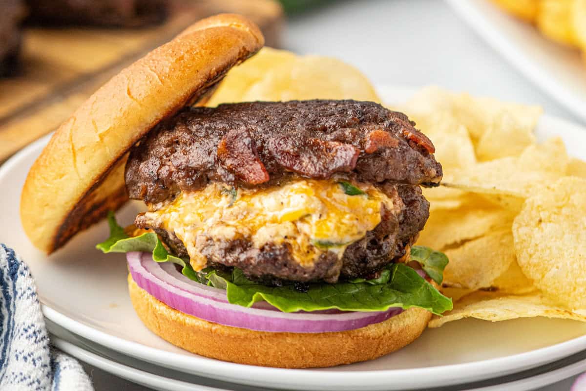 Jalapeno Stuffed Burger on sliced bun with fixings