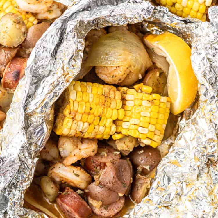 Shrimp Boil Foil Packets Ingredients peeled open after cooking