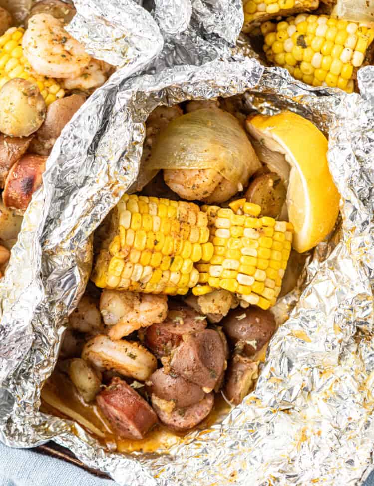 Shrimp Boil Foil Packets Ingredients peeled open after cooking