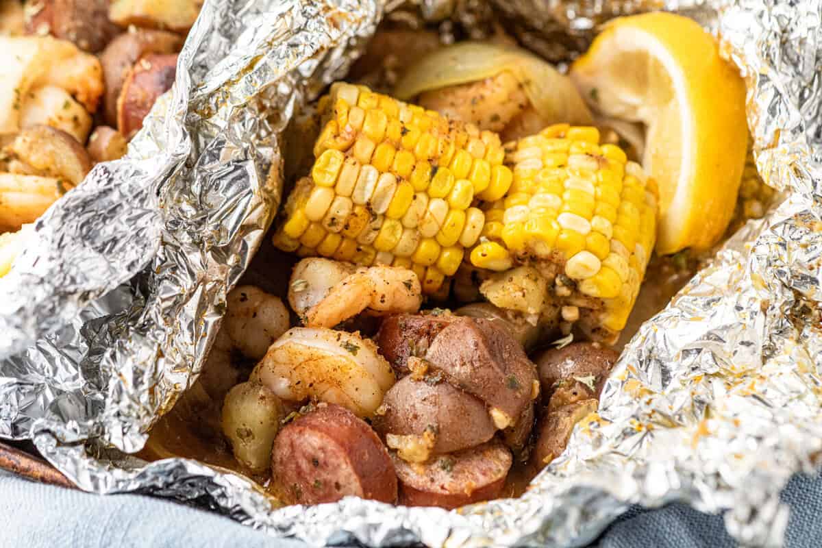 Shrimp Boil Foil Packets Opened after Cooking
