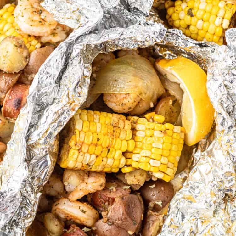 Closeup Square Image of Shrimp Boil Foil Packets