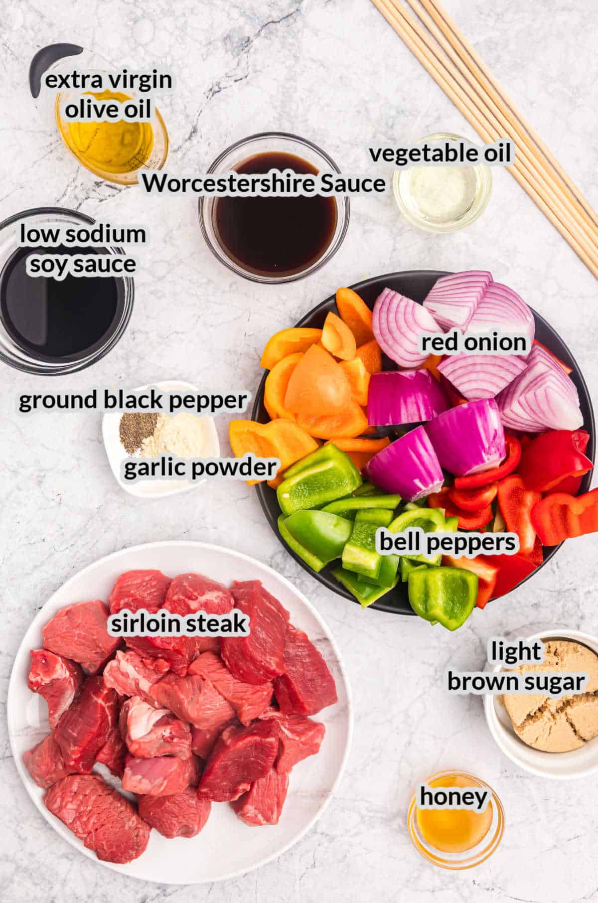 Overhead Image of Blackstone Beef Kabobs Ingredients